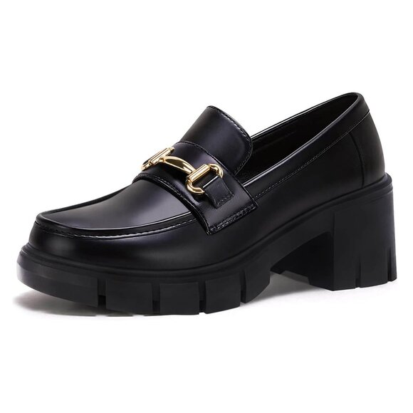 Chunky Platform Loafers Mid Heel Square Toe Lug Sole Dress Walking Shoes main image 4